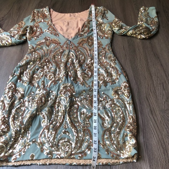 Dress the Population Lola Mini Dress Size L Grey/Green Gold Sequin NWT Mermaid - Picture 13 of 16